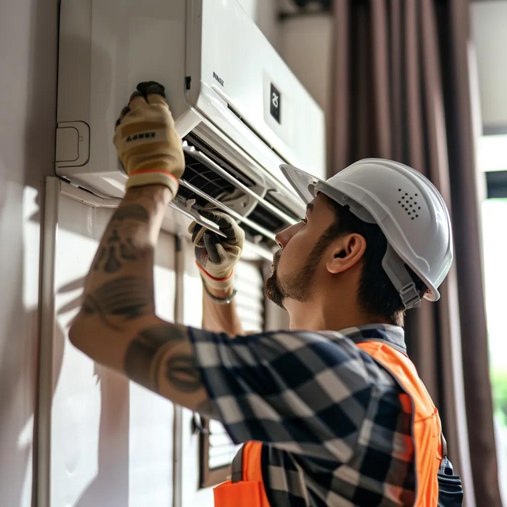 HVAC technician installing air conditioning unit in a modern home