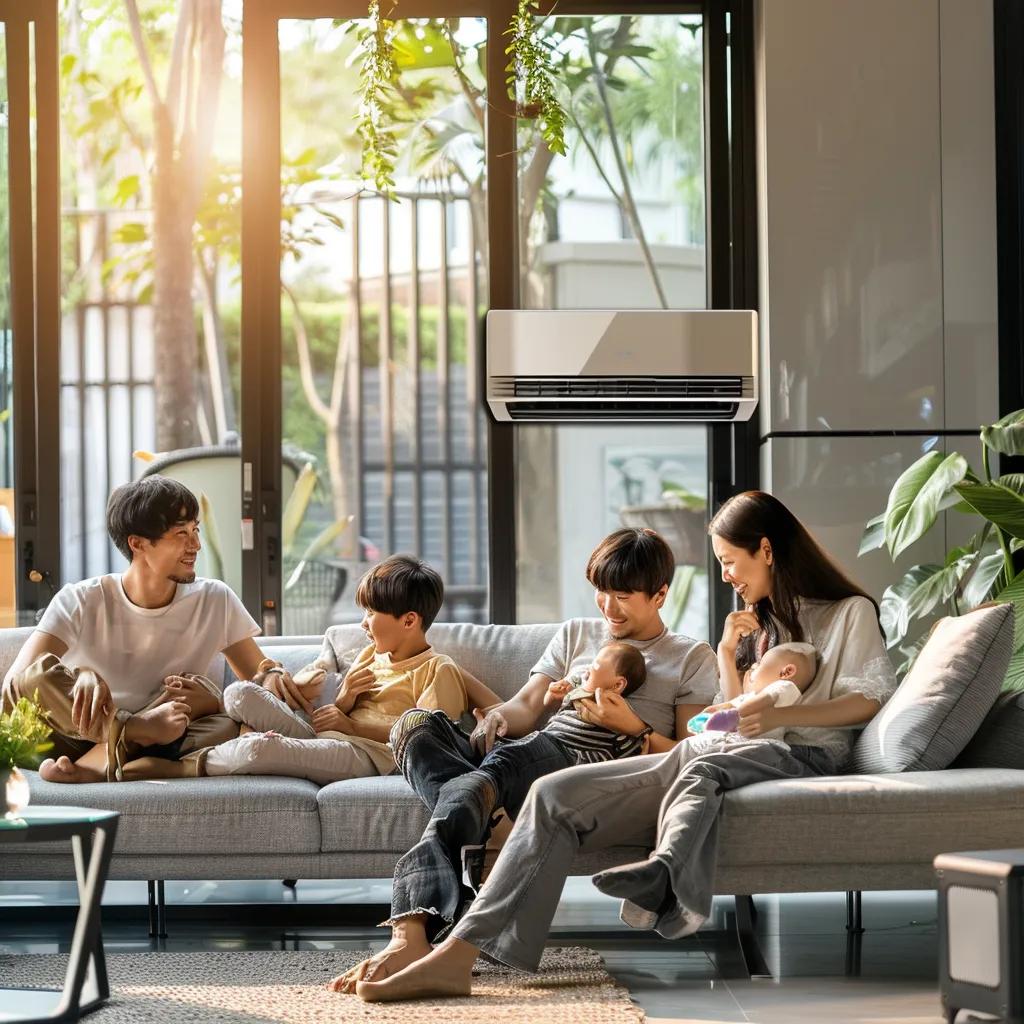 Family enjoying clean air in a comfortable living room with air conditioning