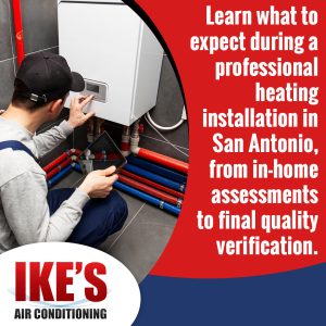 HVAC technician inspecting wall-mounted heating system during professional heating installation assessment in San Antonio home.