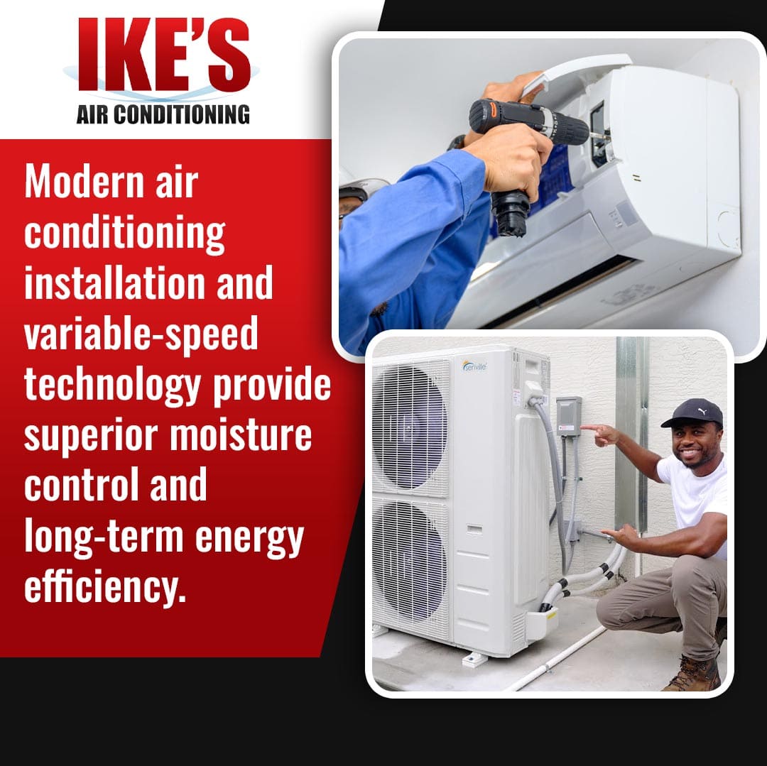 Ike's Air Conditioning technician installing a variable-speed ductless mini-split unit and an outdoor AC compressor to provide moisture control and energy efficiency.