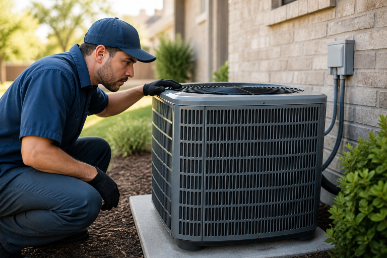 HVAC technician inspecting outdoor AC unit in San Antonio for repair and efficiency issues